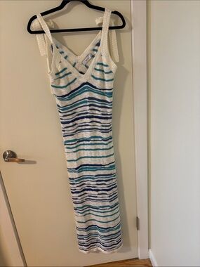 Greylin White Maxi Dress with Blue & Teal Stripes Medium